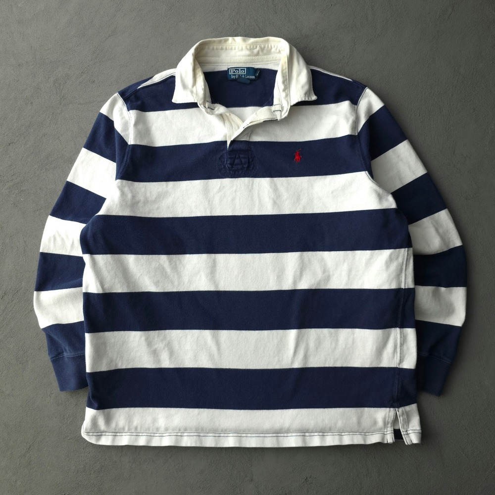 Vintage 90s Polo Ralph Lauren Navy White Rugby Shirt Large Striped Long Sleeve